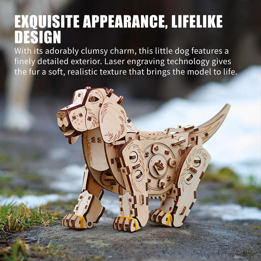 3D Wooden Puppy Model Kit 220PCS Wind Up Walking Mechanical Dog DIY Assembly - VICTMAX