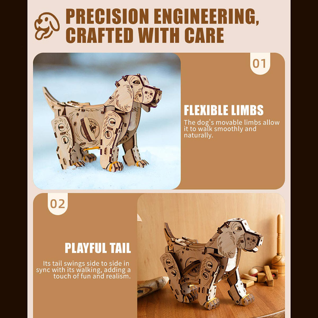 3D Wooden Puppy Model Kit 220PCS Wind Up Walking Mechanical Dog DIY Assembly - VICTMAX