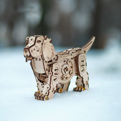 3D Wooden Puppy Model Kit 220PCS Wind Up Walking Mechanical Dog DIY Assembly - VICTMAX