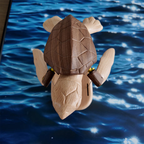 Wooden Sea Turtle Model, Dynamic Mechanical Sculpture with Swimming Motion, Handcrafted Ocean Creature Desk Decor in Walnut and Beech Wood - Victmax