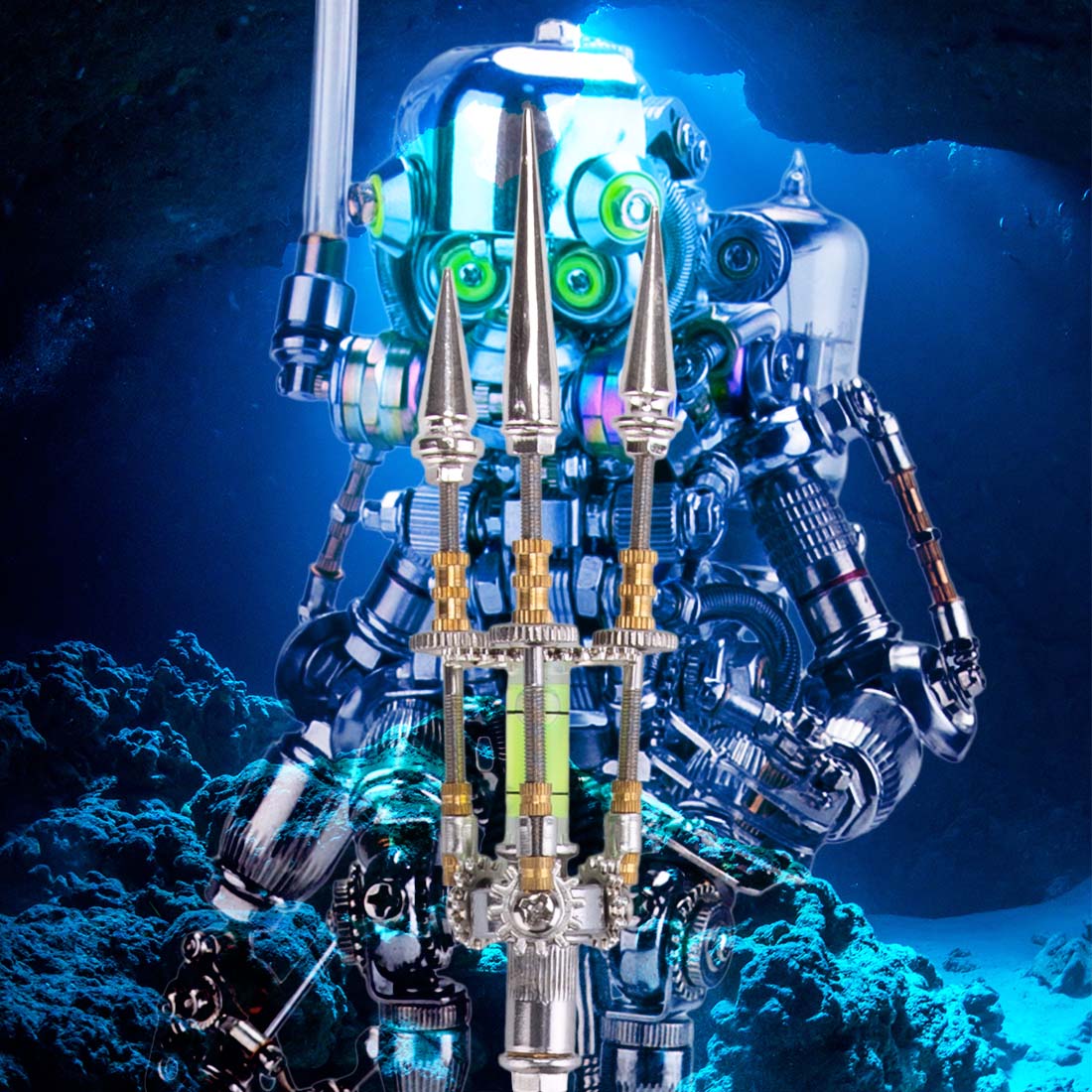 Close-up of gears and intricate metal parts on Steampunk Mechanical DiverApe model - VICTMAX